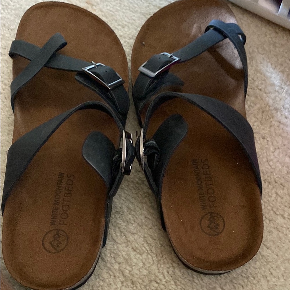 New white mountain footbed Black Strappy Sandals